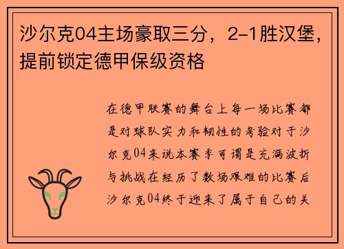 沙尔克04主场豪取三分，2-1胜汉堡，提前锁定德甲保级资格