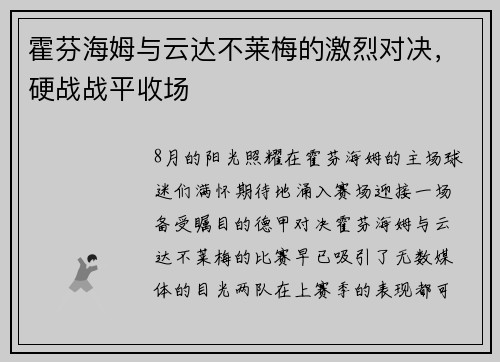 霍芬海姆与云达不莱梅的激烈对决，硬战战平收场